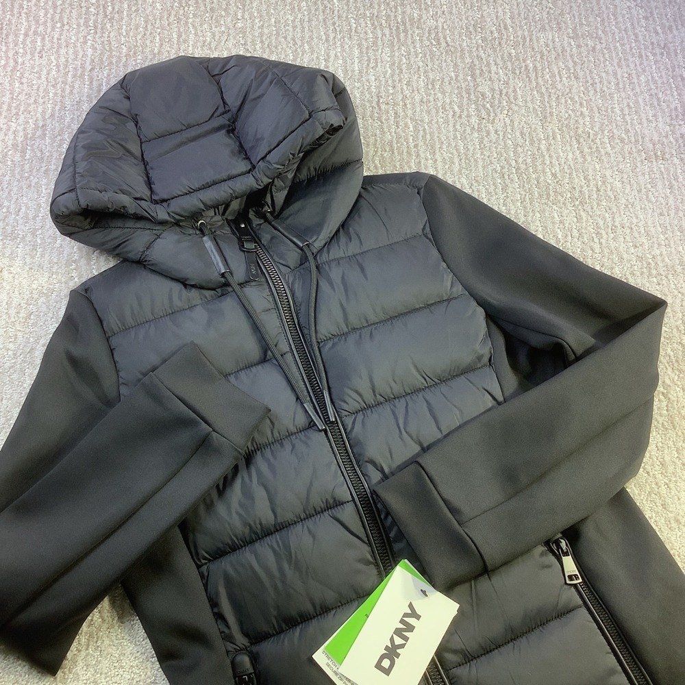 DKNY Mens Hybrid Puffer Jacket Black Hooded Water Resistant Size M NWT